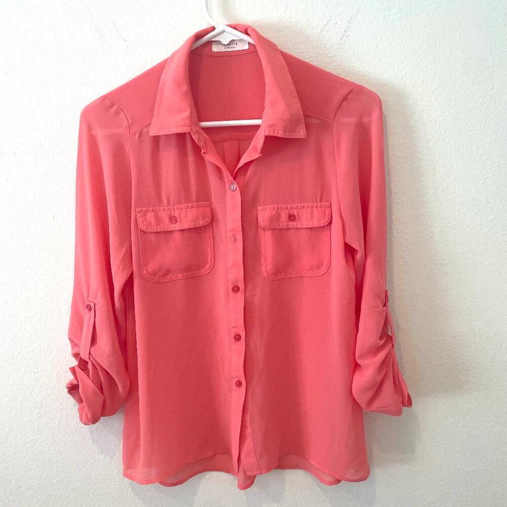Rosette Women's Button Up Blouse  Sheer Fabric  Pink Size: S